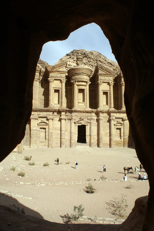 Looking through the cave on the monastery in Petra, Jordan                   
