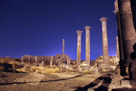 Night, star and ruins in Old Bosra, Syriaの写真素材