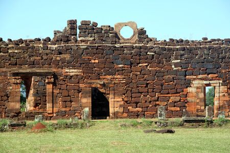 Stone wall in monastery in San Ignasio, Argentinaの写真素材