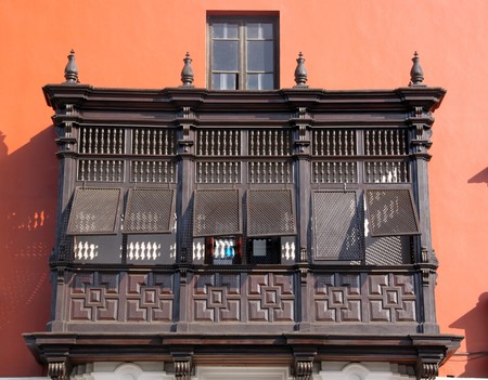 Wooden balcony on the wall in Trujillo, north Peruの写真素材