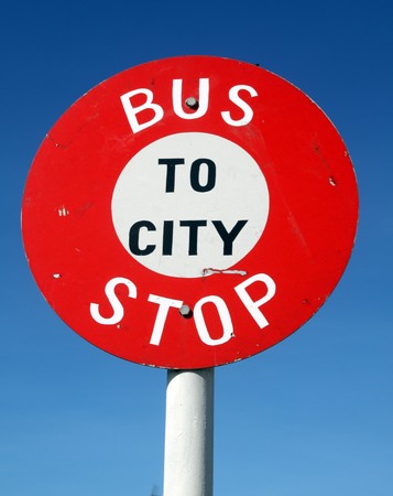 Red and white bus stop sign in Barbadosの写真素材