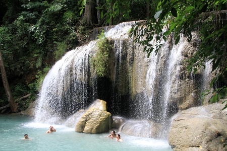 People and Erawan waterfall in national perk, Thailandのeditorial素材