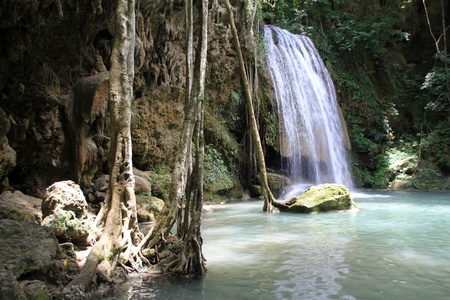 Roots of trees, stone and waterfall Erawan, Thailandのeditorial素材