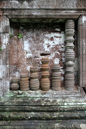 Stone window of temple in Wat Phu, Champasak, Laosの写真素材