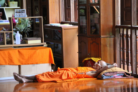 Sleeping monk in burmese temple near Mae Hong Son, Northern Thailandのeditorial素材
