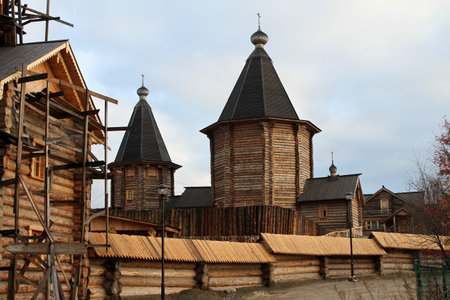 New wooden monastery buildings in Murmansk, Russiaの写真素材