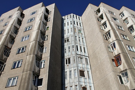Corner of big apartment building in Murmansk, Russiaのeditorial素材