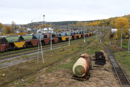 Railway station and trains in Medvezshegors, Karelia, Russiaのeditorial素材