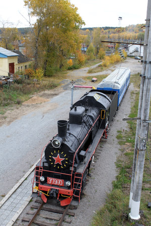 Black locomotive on the railway station in Medvezshyegorsk, Karelia, Russia