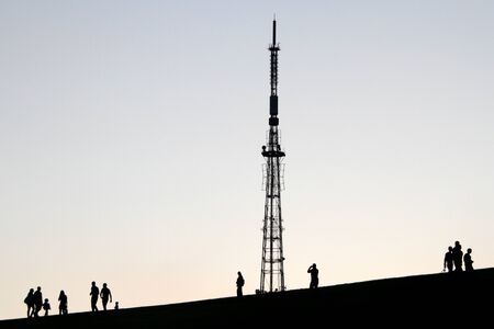 People and antenna on the Mamaev kurgan in Volgograd, Russiaの写真素材