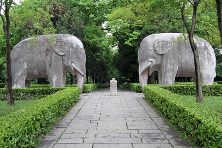 Stone elephants and foot path in garden, Nanjing, Chinaのeditorial素材