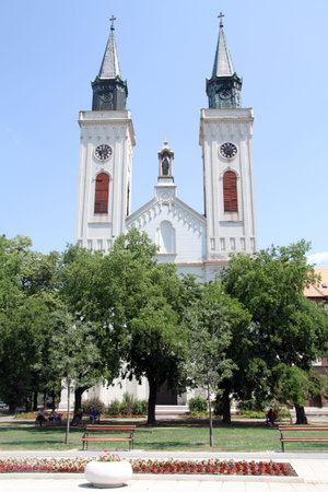 Church with two towers in Sombor, Serbiaの写真素材