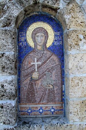 Old image in the window in monastery near Berane, montenegroのeditorial素材