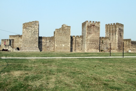 Green grass and towers of fortress in Smederevo, Serbiaのeditorial素材