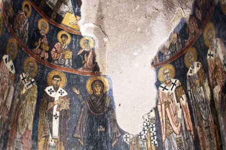 Images on the wall of Gumusler monastery in Nigde, Turkeyのeditorial素材