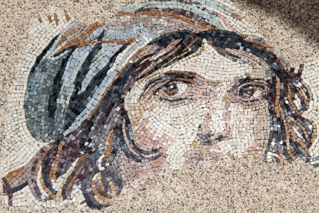Face on the roman mosaic in Zeugma near Gaziantep, Turkeyのeditorial素材