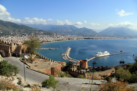 Road. wall of fortress and port in Alanya, Turkey のeditorial素材
