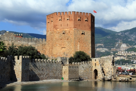 Wall of fortress and red tower in Alanya, Turkeyのeditorial素材