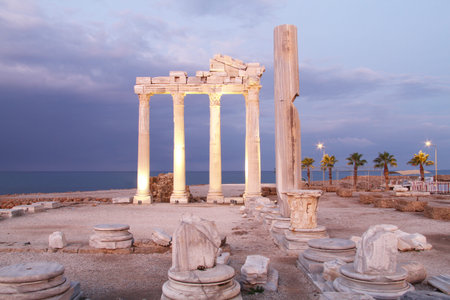 Apollo temple and palm trees in Side, Turkeyの写真素材