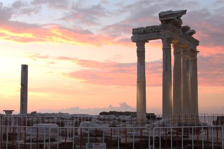 Sunrise and ruins of Apollo temple in Side, Turkeyのeditorial素材
