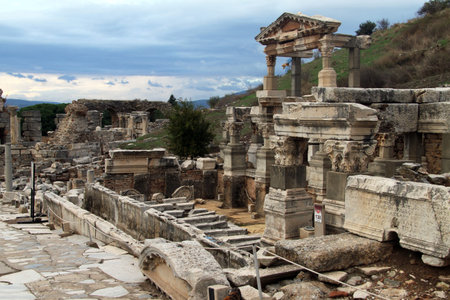 Marble street and ruins of temple in Ephesus, Turkey