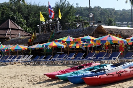 Plastic kayaks on the white sand beach in Ko Phi Phi island in Thailandのeditorial素材