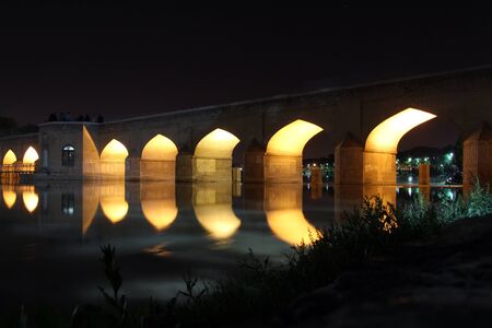 Long bridge with arches at night in Esfahan, Iranのeditorial素材