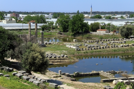 Ruins of temple and pond in Letoona, Turkeyの写真素材