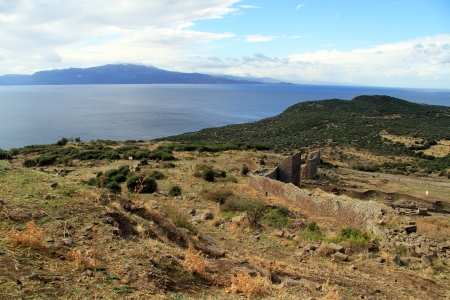 Ruins of fortress wall in Assos, Behramkale in Turkeyの写真素材