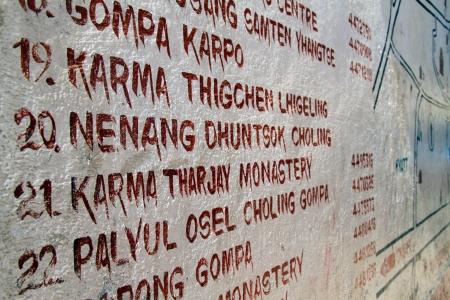 Names of monasteries near Bodnath stupa in Kathmandu, Nepalのeditorial素材