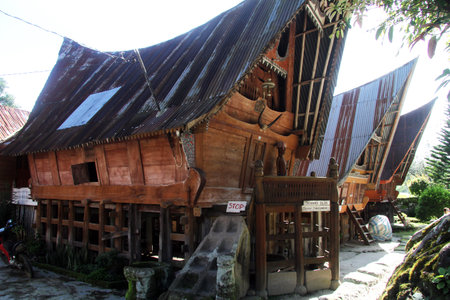 Wooden houses in Ambarita village on the Samosir island, Indonesiaのeditorial素材