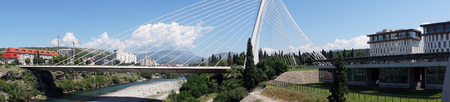 PODGORICA, MONTENEGRO - CIRCA AUGUAT 2014 Panorama of Millennium bridgeのeditorial素材