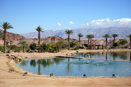 Pond with fountain in Timna oasis in Negev desert, Israelの写真素材