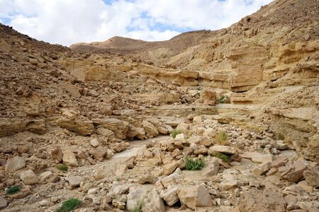 Dry waterfall in canyon in Negev desert. Israelの写真素材