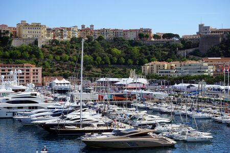 MONACO, MONACO - CIRCA JULY 2015 Marina and palace on the hillのeditorial素材