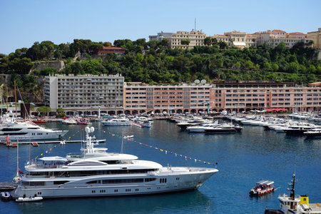 MONACO, MONACO - CIRCA JULY 2015 Big white yacht in the marinaのeditorial素材