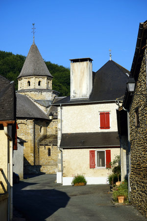 L'HOPITAl ST BLAISE, FRANCE - CIRCA JULY 2015 Street and old church
