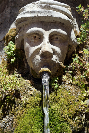 TOURVES, FRANCE - CIRCA JULY 2015 Stone head and fountain on the corner of  Eglise De Tourvesの写真素材