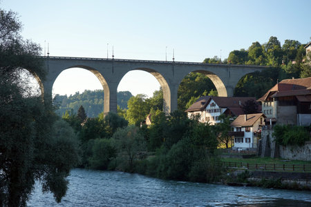 FRIBOUTG, SWITZERLAND - CIRCA AUGUST 2015 Zaehringen bridge crossing the Sarine