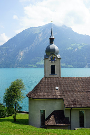Church in Bauen on the bank of Lucerne lake in Switzerlandの写真素材
