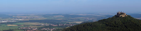 Panorama of valley with ohenzollern Castle near Hechingen in Swabia, Germanyのeditorial素材