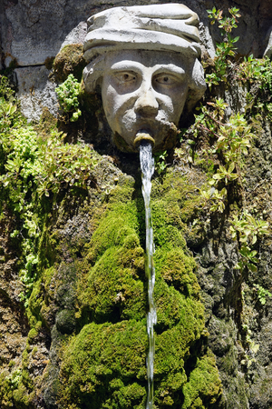 TOURVES, FRANCE - CIRCA JULY 2015 Stone head and fountain on the corner of  Eglise De Tourvesのeditorial素材