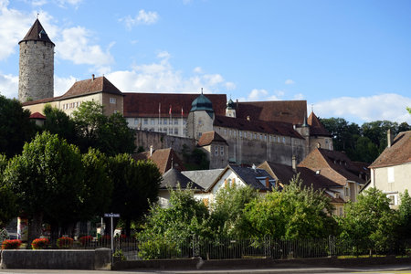 PORRENTRUY, SWITZERLAND - CIRCA JULY 2015 Old town with castleのeditorial素材