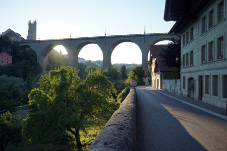 FRIBOURG, SWITZERLAND - CIRCA AUGUST 2015 Old arch stone bridge