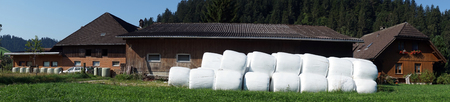 Wooden shed and plastic covered rolls with hay in Switzerlandの写真素材