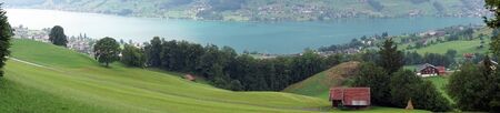 Panorama of Swiss town Sachseln on the banl of lake in Switzerlandの写真素材
