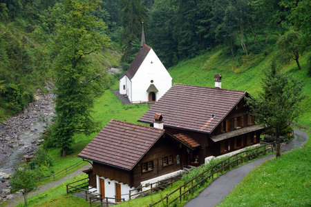FLUELI-RANFT, SWITZERLAND - CIRCA AUGUST 2015 Church and pilgrim's hostel. Flueli-Ranft was the home of hermit and ascetic Niklaus von Flue, also known as Brother Klaus.のeditorial素材