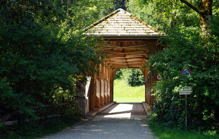 Traditional wooden bridge with roof in rural area of Switzerland