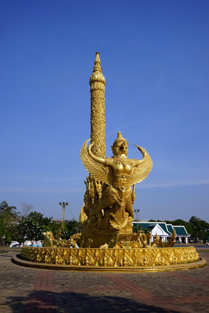 UBON RATCHATHANI, THAILAND - CIRCA FEBRUARY 2017 Golden replica carving candle monument at the main square in central city parkのeditorial素材