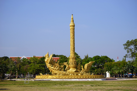 UBON RATCHATHANI, THAILAND - CIRCA FEBRUARY 2017 Golden replica carving candle monument at the main square in central city parkのeditorial素材
